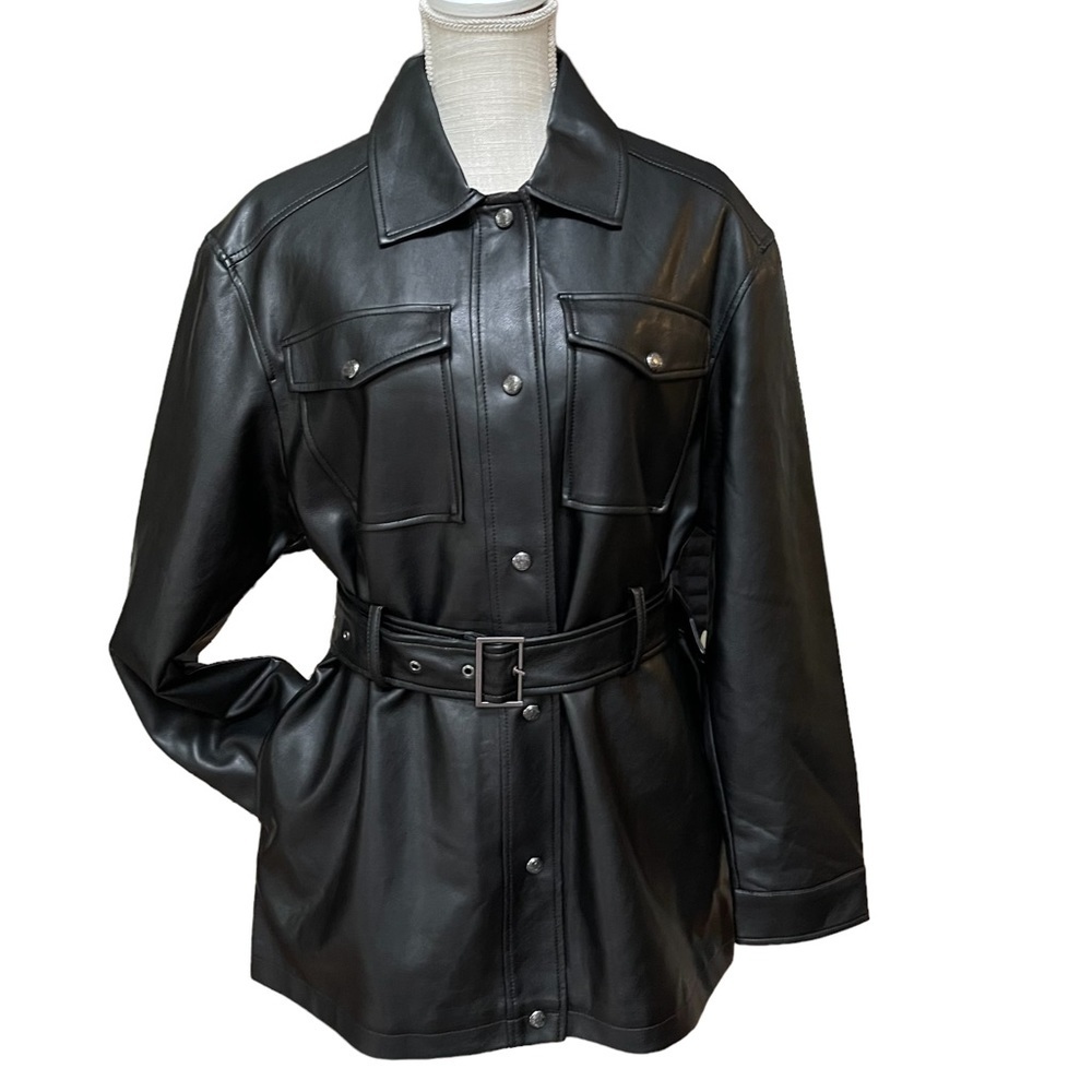 Rebecca Minkoff‎ Vegan Leather Black Shirt Shacket with Belt Size: L New!